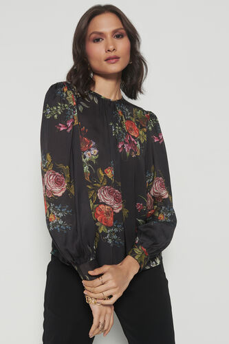 Roses All-Around Blouson Top, Black, image 3